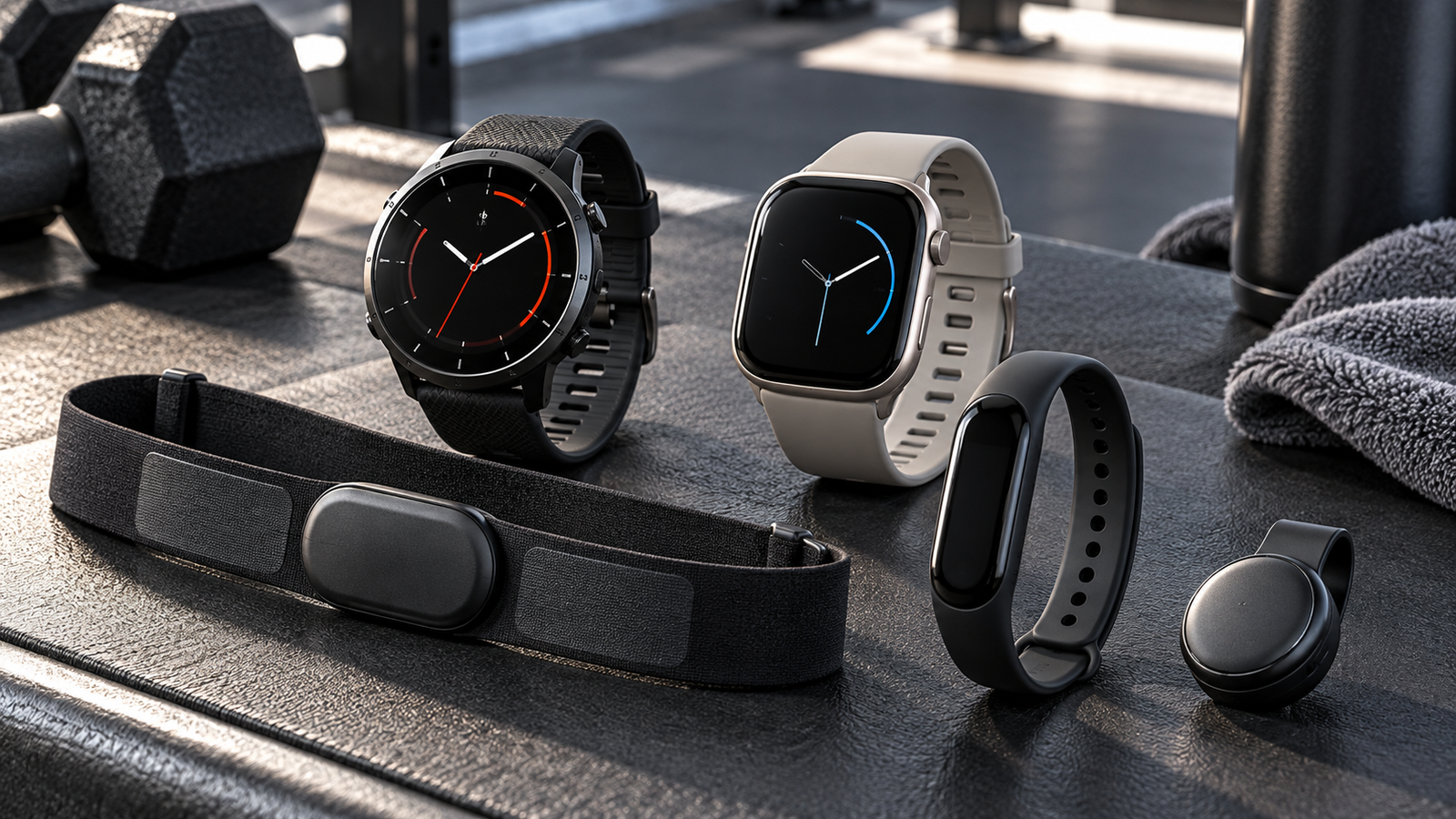Five unbranded fitness wearables displayed for a Physical Glow Top 5 buying guide