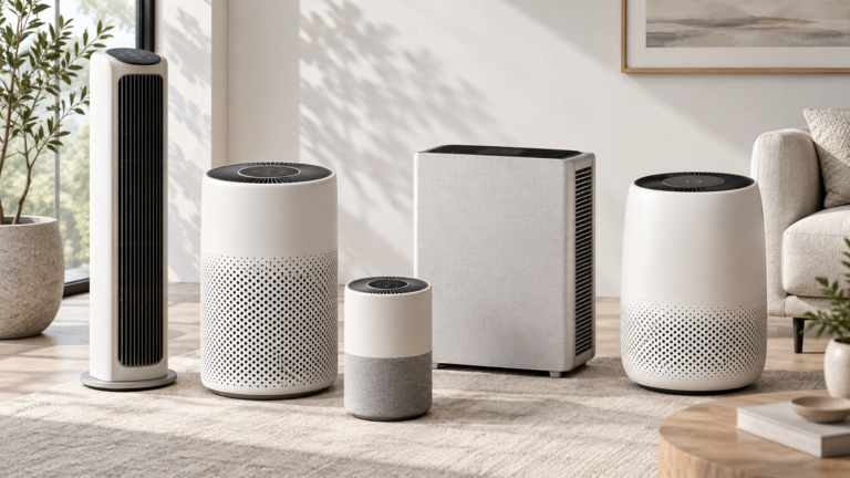 Five unbranded air purifiers displayed for a Physical Glow Top 5 buying guide