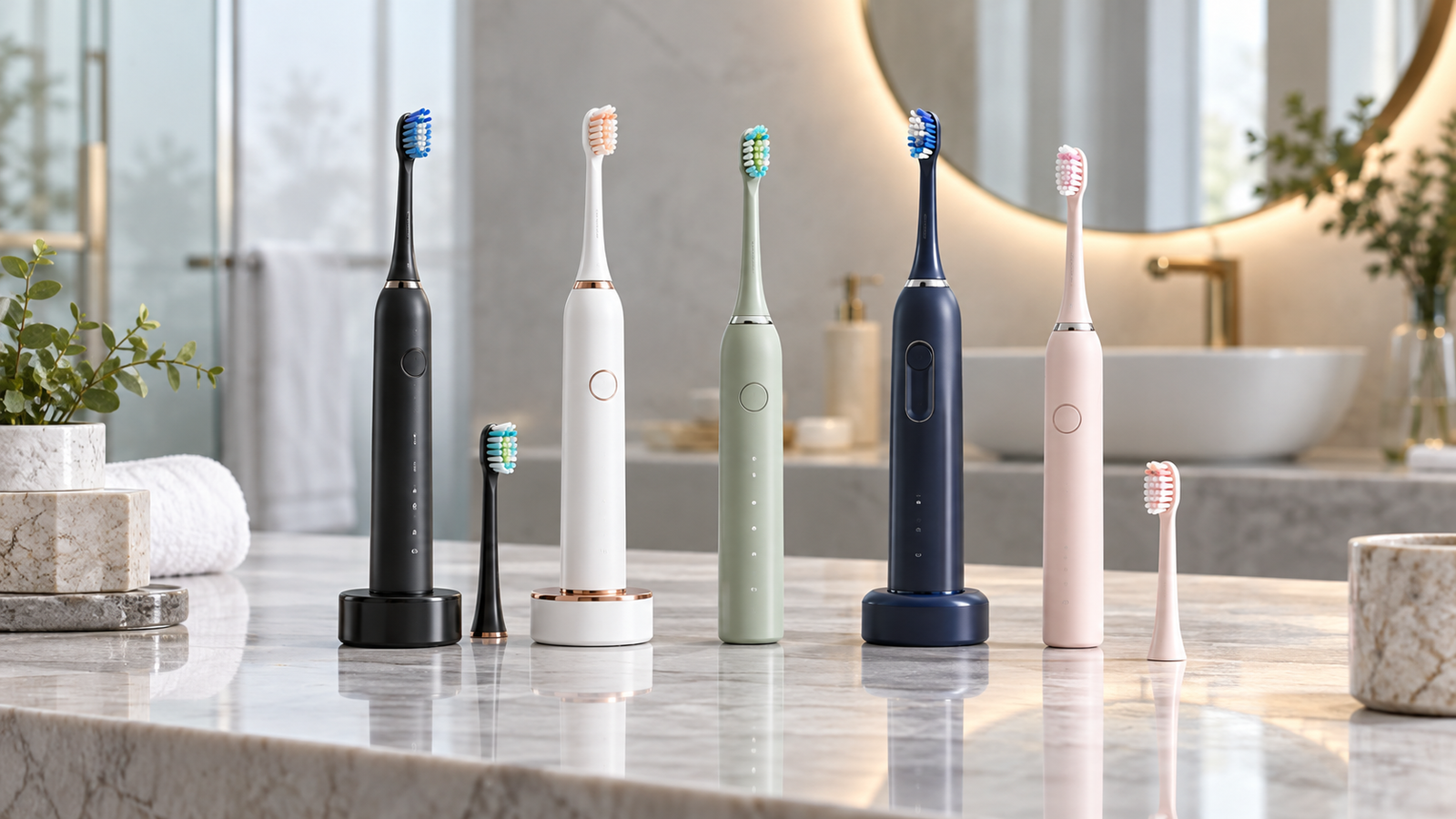 Five unbranded electric toothbrushes displayed for a Physical Glow Top 5 buying guide