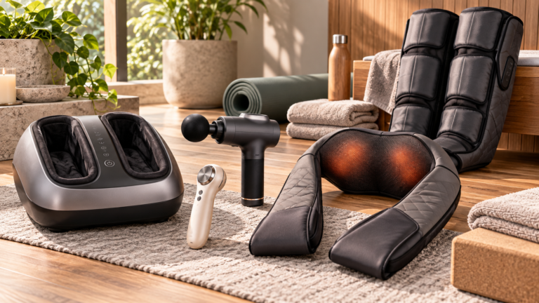 Five unbranded home massagers displayed for a Physical Glow Top 5 buying guide