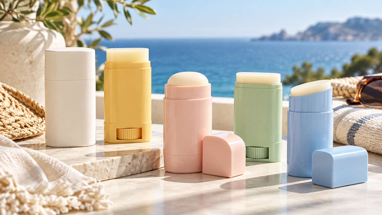Five unbranded sunscreen sticks displayed for a Physical Glow Top 5 buying guide