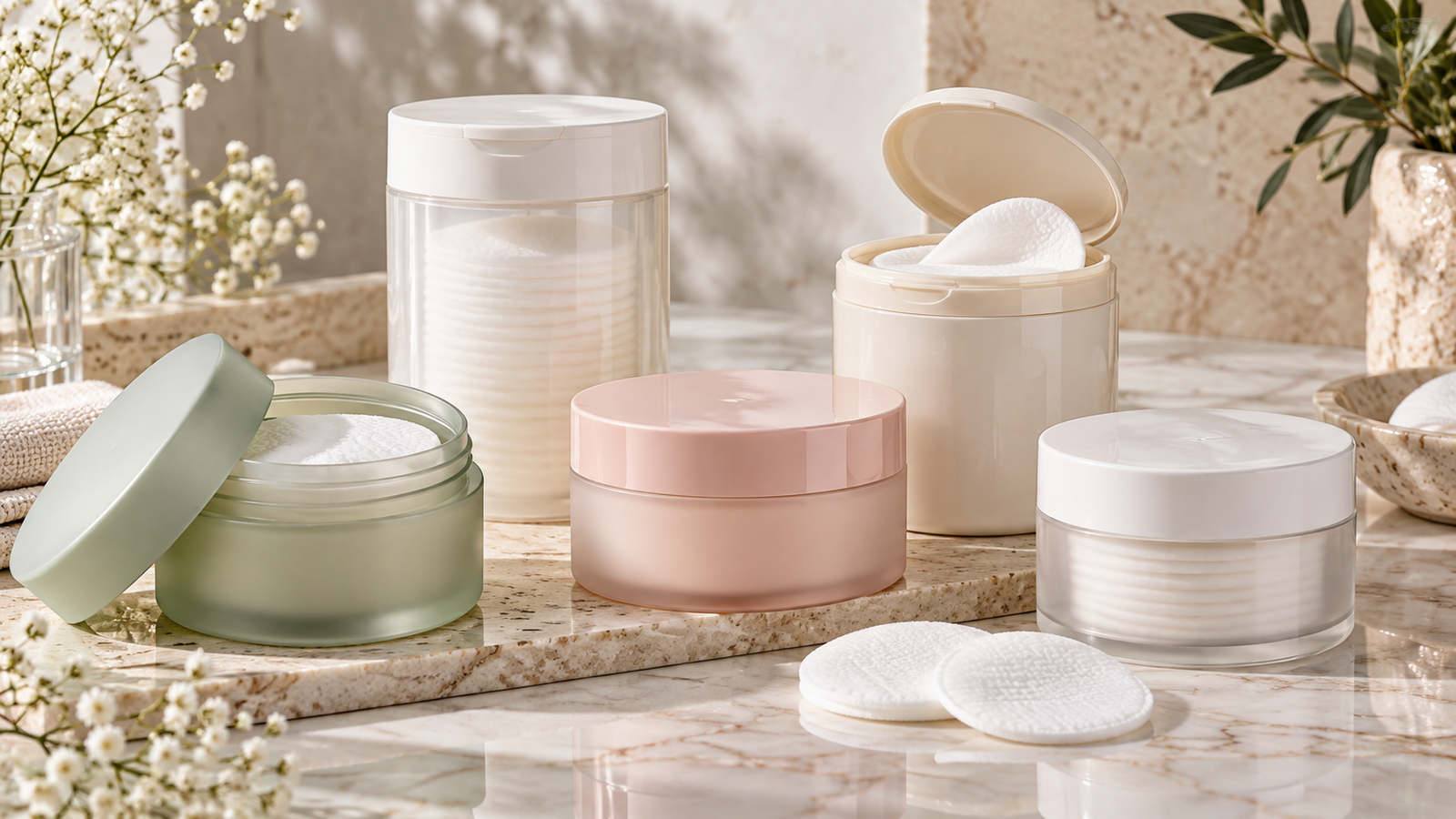 Five unbranded facial toner and exfoliating pads displayed for a Physical Glow Top 5 buying guide