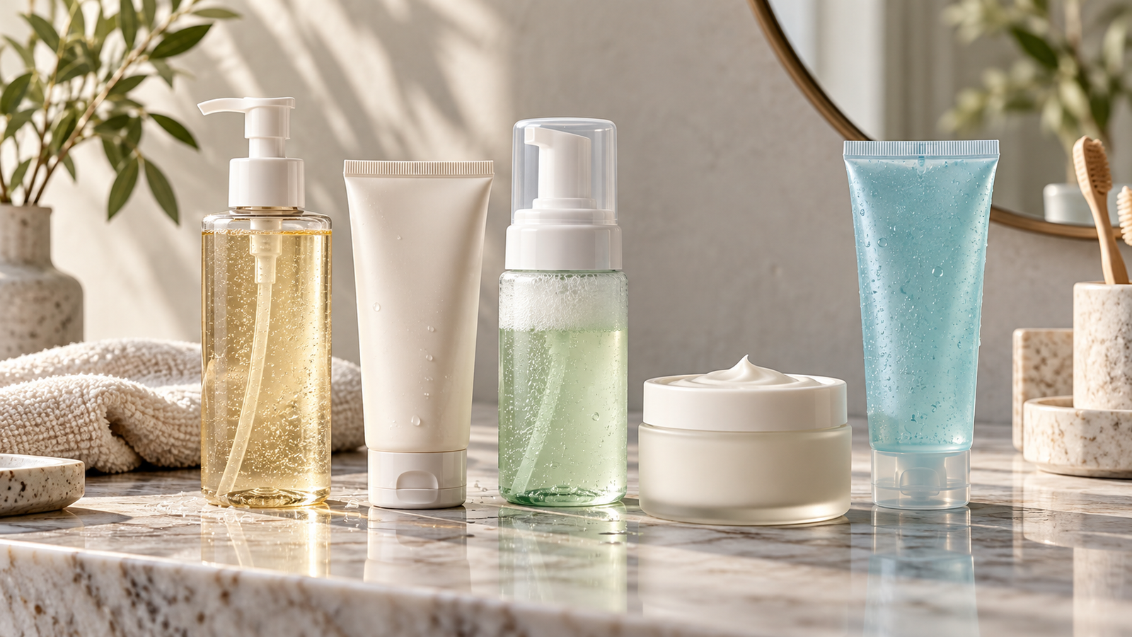 Five unbranded face cleansers represented in a premium Physical Glow buying guide editorial photograph