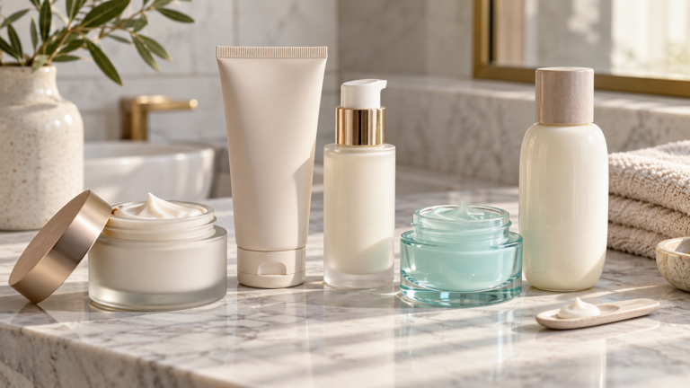 Five unbranded facial moisturizers represented in a premium Physical Glow buying guide editorial photograph