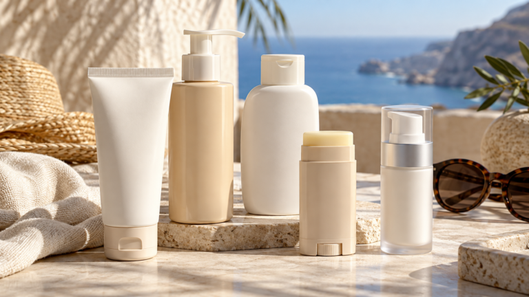 Five unbranded SPF 50 sunscreens represented in a premium Physical Glow buying guide editorial photograph