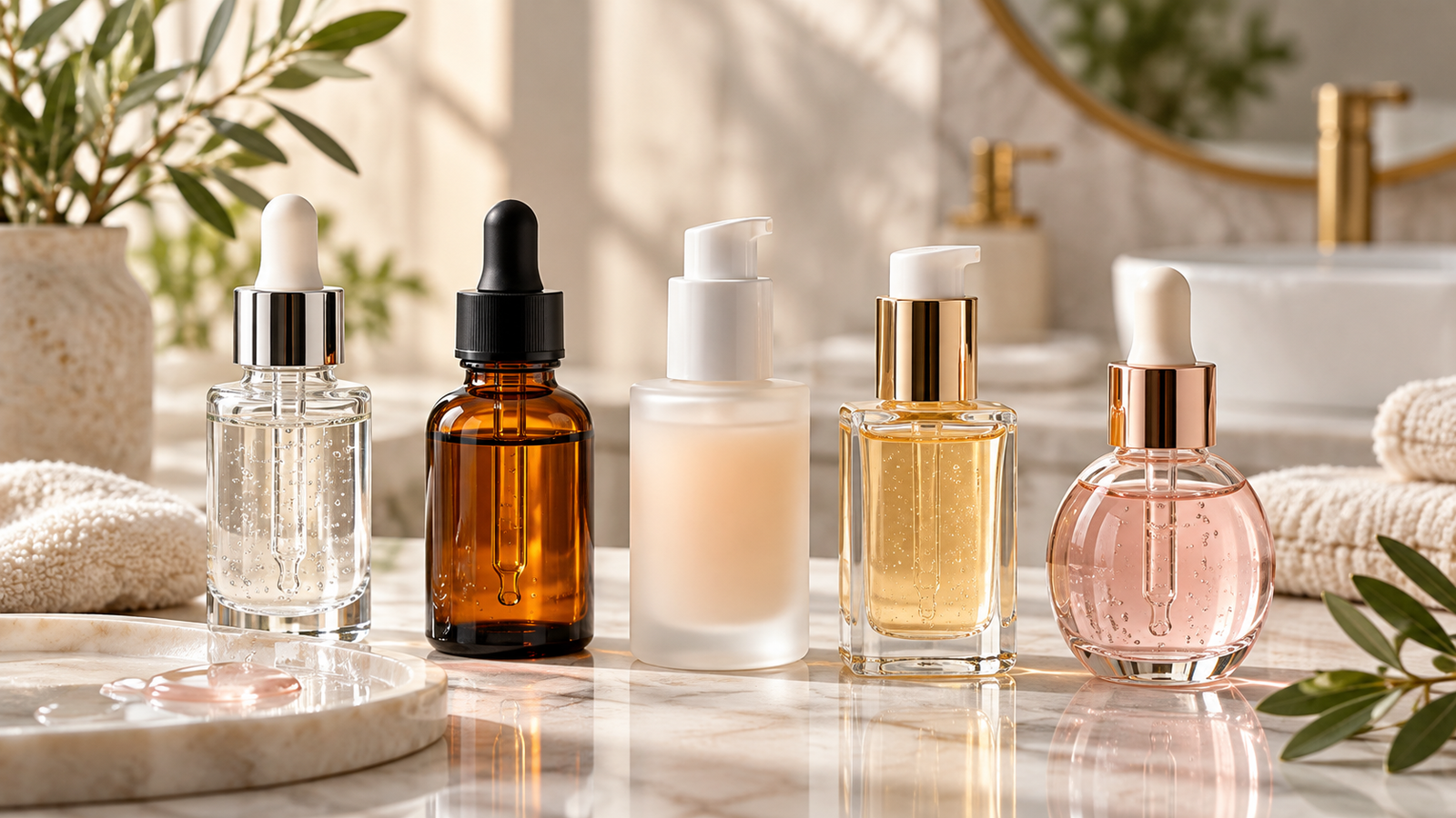 Five unbranded face serums represented in a premium Physical Glow buying guide editorial photograph
