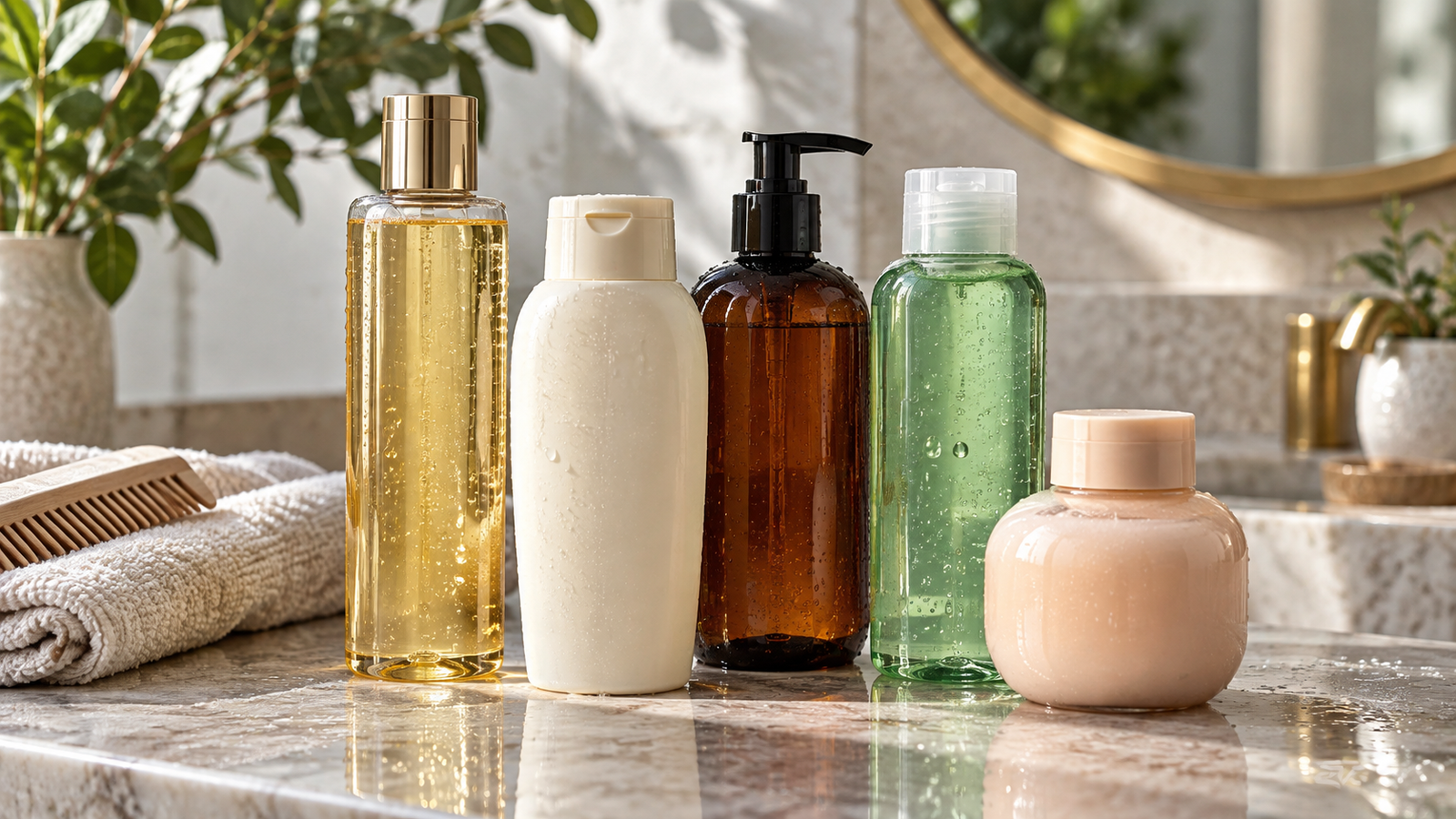 Five unbranded shampoos represented in a premium Physical Glow buying guide editorial photograph