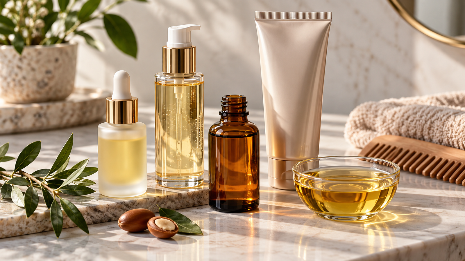 Five unbranded hair serums and oils represented in a premium Physical Glow buying guide editorial photograph