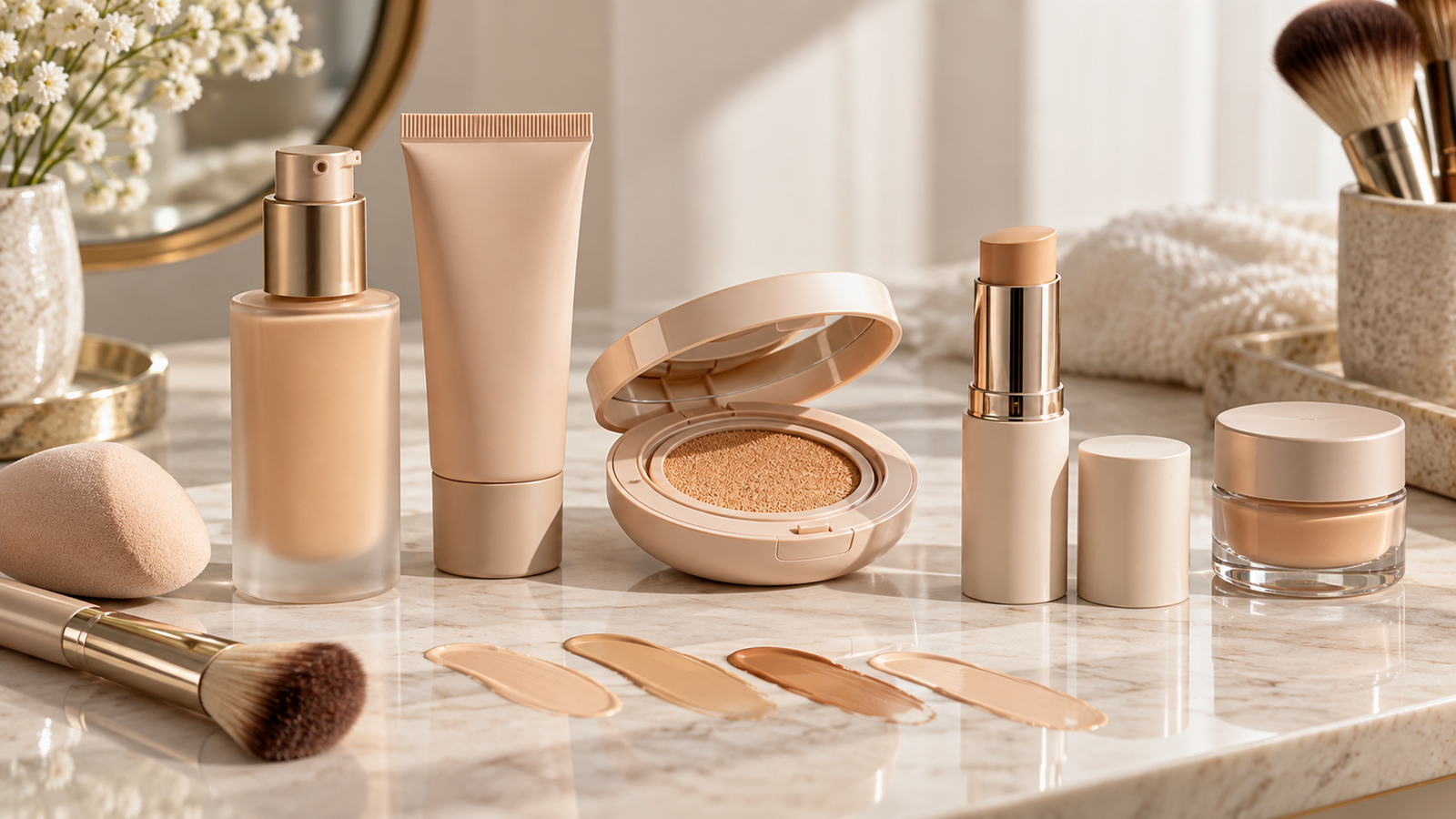 Five unbranded foundations and base makeup represented in a premium Physical Glow buying guide editorial photograph