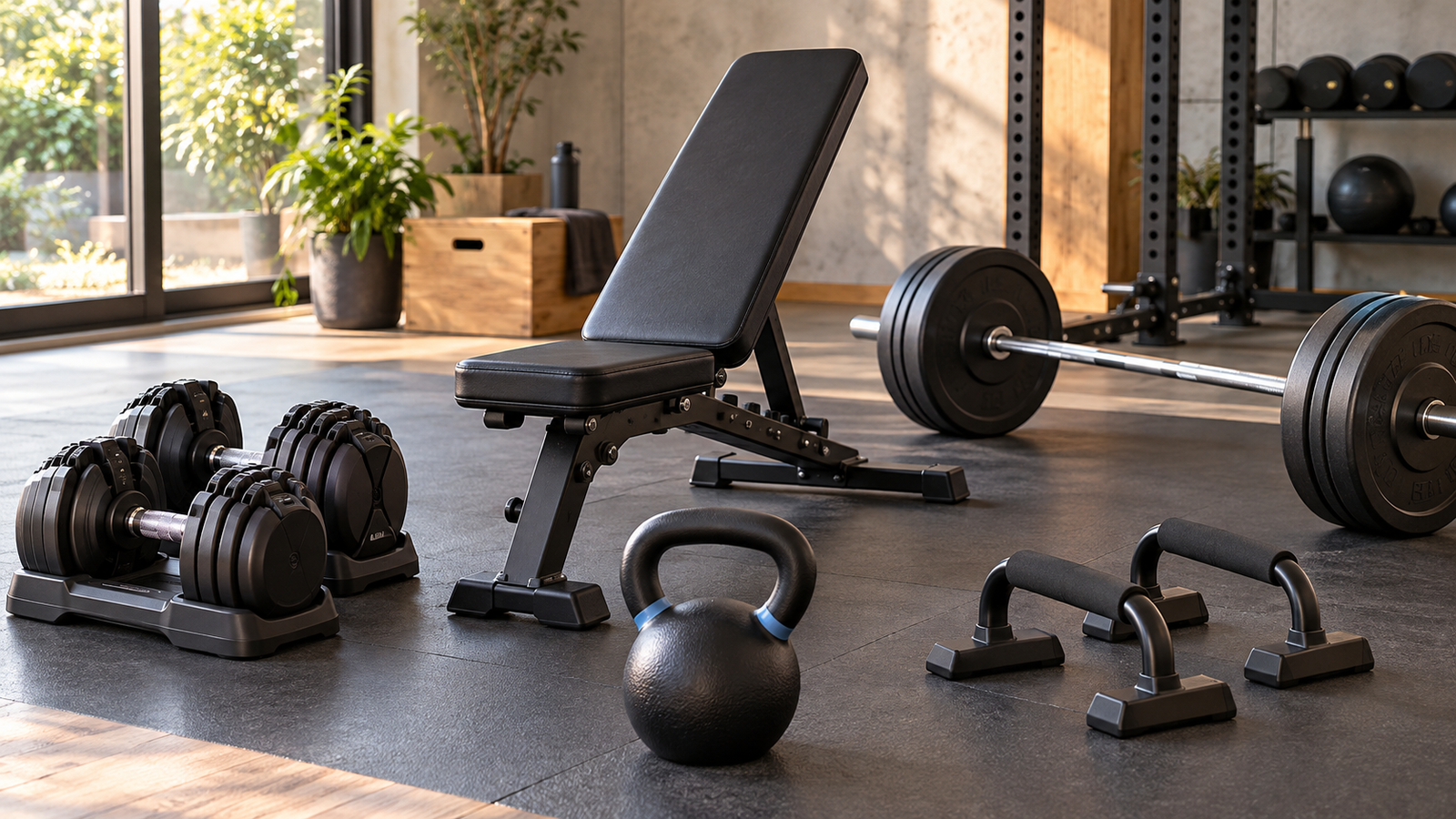 Five unbranded home gym strength equipment represented in a premium Physical Glow buying guide editorial photograph