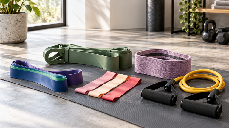 Five unbranded resistance bands represented in a premium Physical Glow buying guide editorial photograph