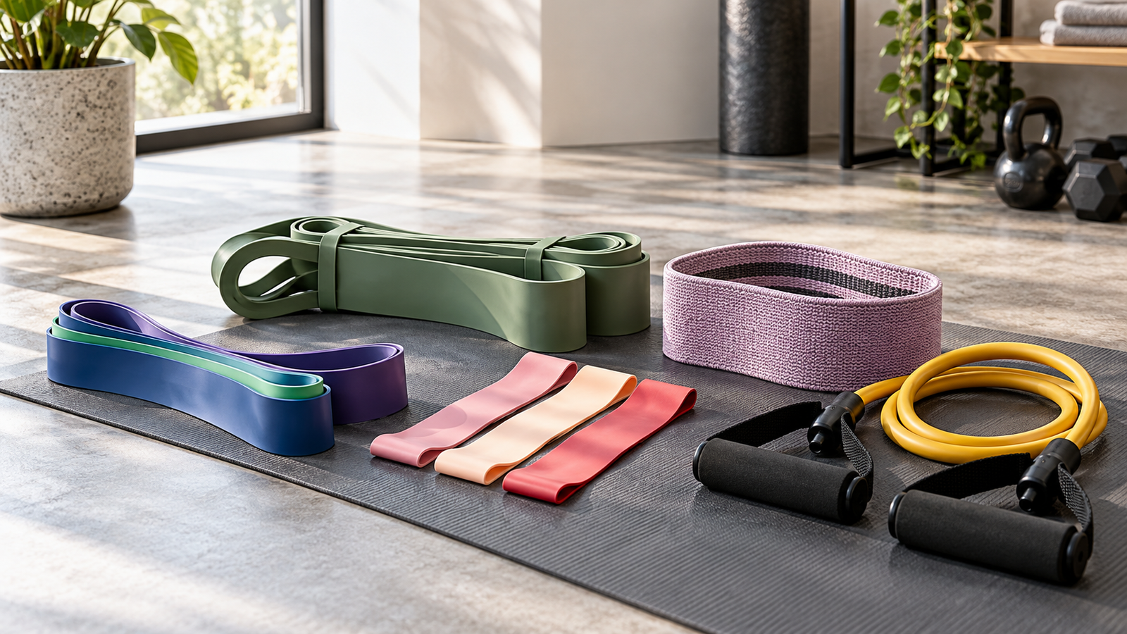 Five unbranded resistance bands represented in a premium Physical Glow buying guide editorial photograph