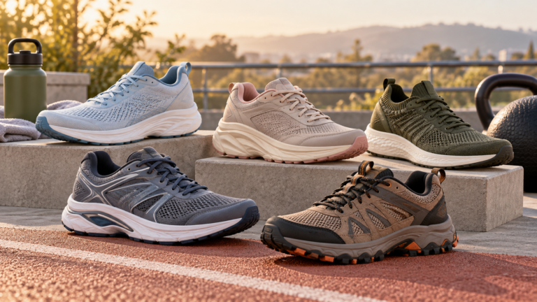 Five unbranded walking and running shoes represented in a premium Physical Glow buying guide editorial photograph