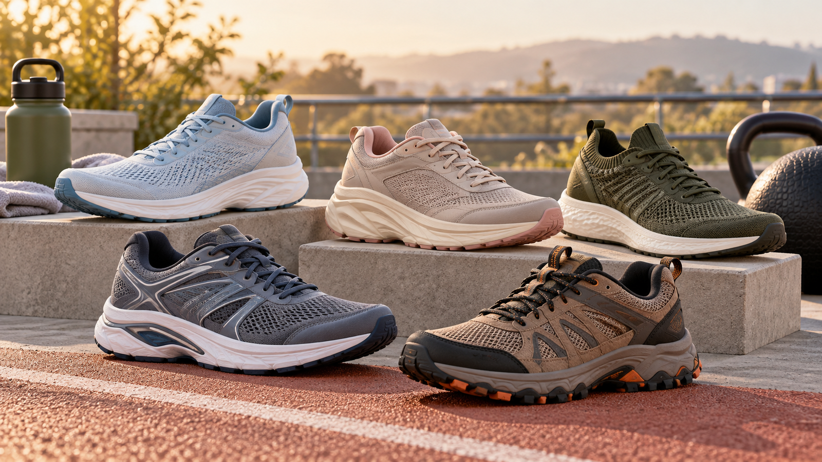 Five unbranded walking and running shoes represented in a premium Physical Glow buying guide editorial photograph