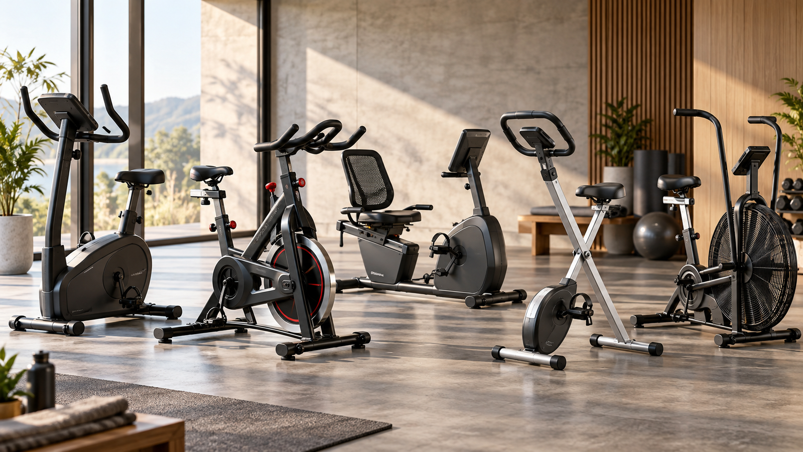 Five unbranded exercise bikes represented in a premium Physical Glow buying guide editorial photograph