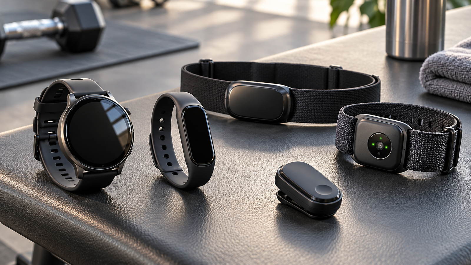 Five unbranded fitness trackers and heart-rate sensors represented in a premium Physical Glow buying guide editorial photograph