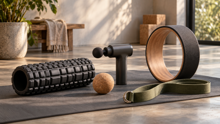 Five unbranded mobility and self-massage tools represented in a premium Physical Glow buying guide editorial photograph