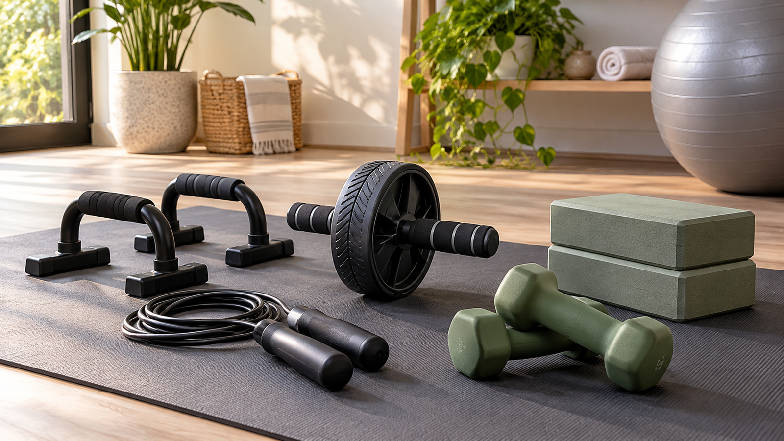 Five unbranded home workout accessories represented in a premium Physical Glow buying guide editorial photograph