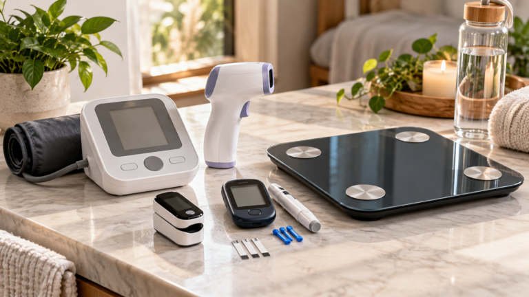 Five unbranded home health monitoring devices represented in a premium Physical Glow buying guide editorial photograph