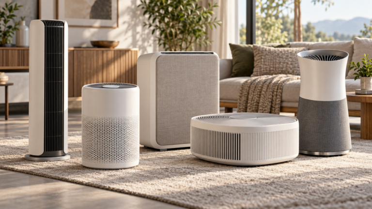 Five unbranded air purifiers represented in a premium Physical Glow buying guide editorial photograph