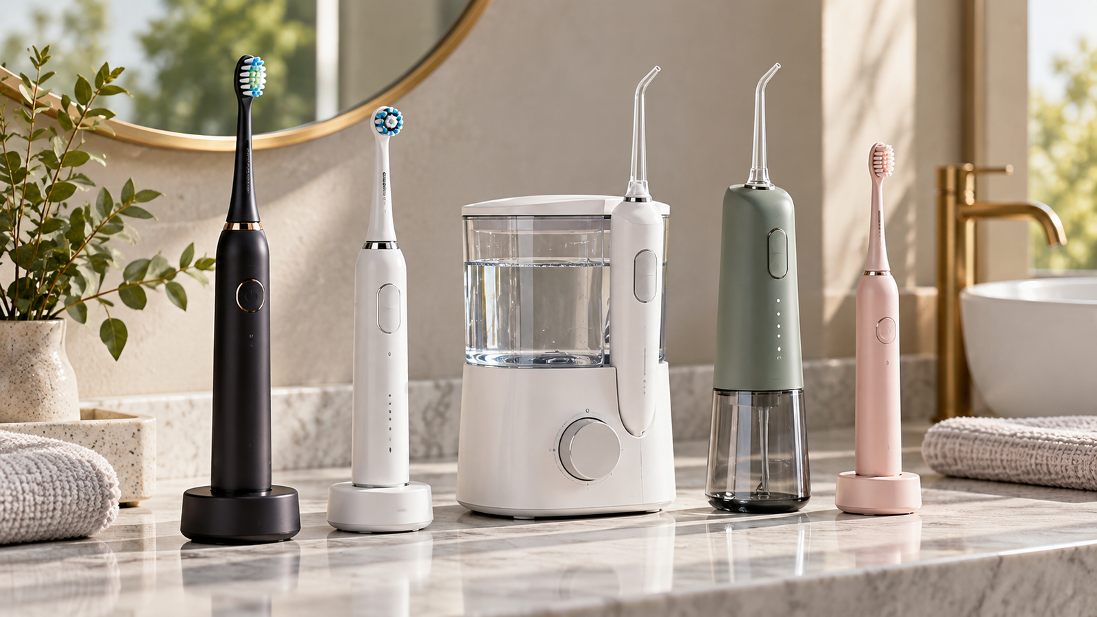 Five unbranded electric toothbrushes and water flossers represented in a premium Physical Glow buying guide editorial photograph