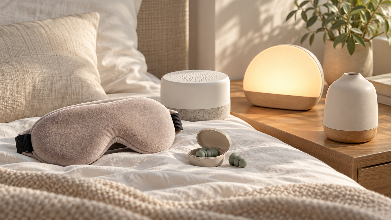 Five unbranded sleep accessories represented in a premium Physical Glow buying guide editorial photograph
