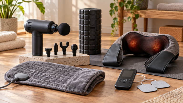 Five unbranded pain-management and recovery devices represented in a premium Physical Glow buying guide editorial photograph