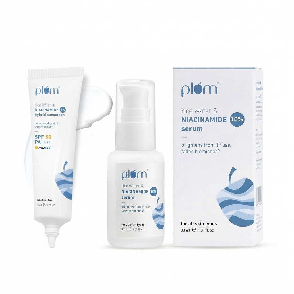 Official product photograph of Plum 2% Niacinamide and Rice Water Sunscreen SPF 50 PA++++